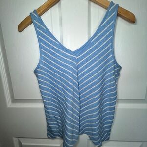 LOFT Women's XS Tank Top Blue White Striped Sleeveless Linen Blend Casual V Neck